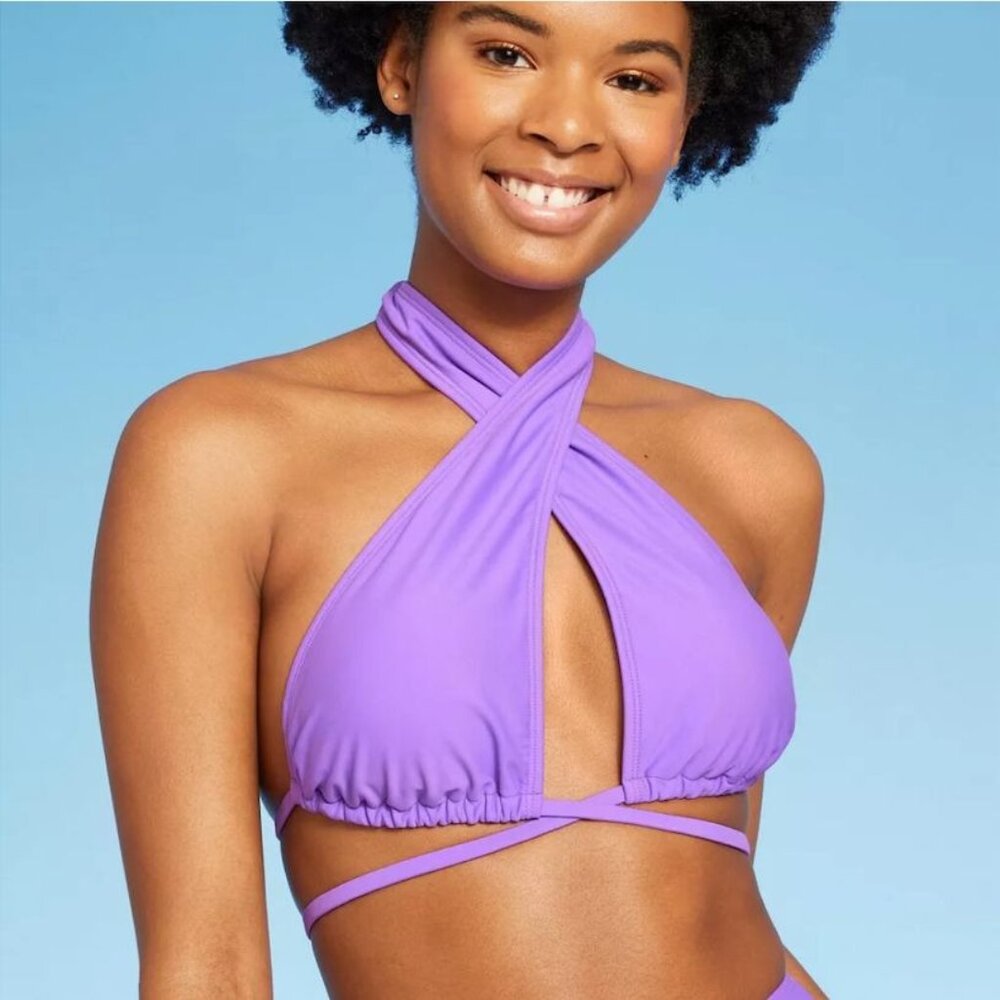 WILD FABLE BIKINI TOP MULTI WEAR CROSS HALTER TRIANGLE PURPLE WOMEN'S XS